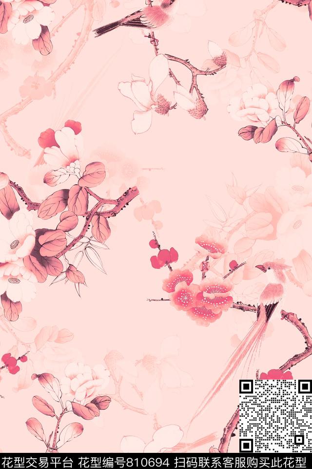 中国风工笔画花鸟组合数码印花华亿平台下载（图片编号: 810694） - 瓦栏（Walan）