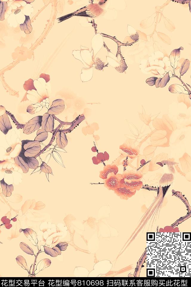 中国风工笔画花鸟组合数码印花华亿平台下载（图片编号: 810698） - 瓦栏（Walan）