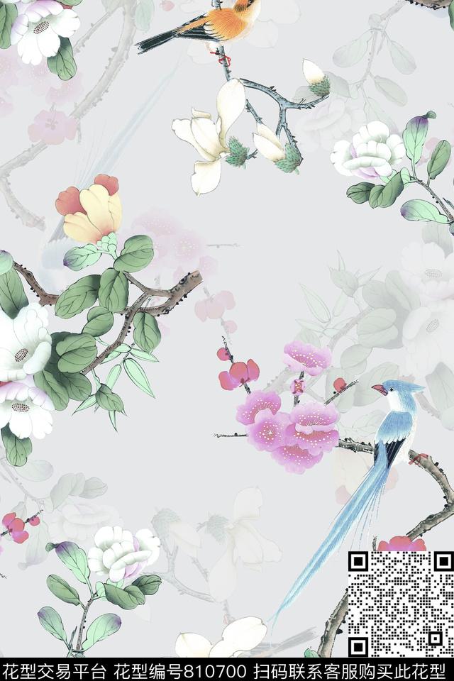 中国风工笔画花鸟组合数码印花华亿平台下载（图片编号: 810700） - 瓦栏（Walan）