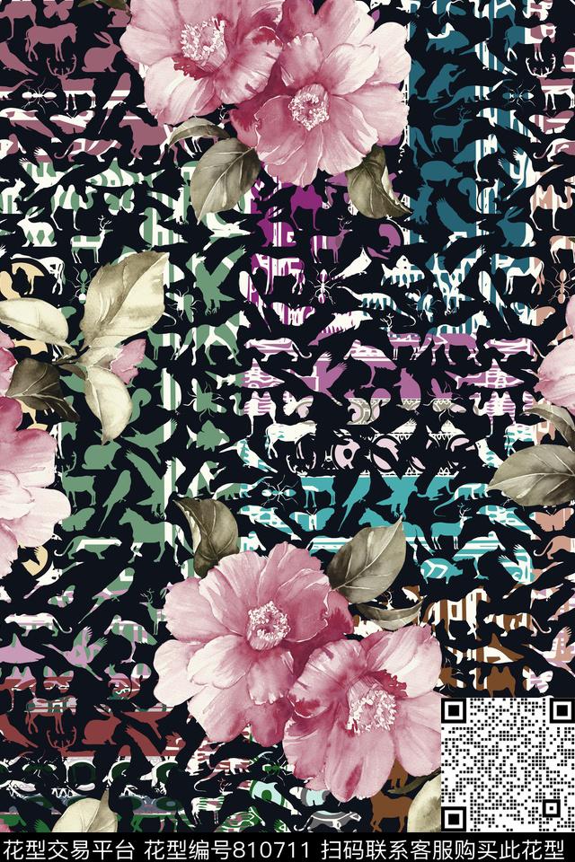 动物剪影手绘花欧式数码印花华亿平台下载（图片编号: 810711） - 瓦栏（Walan）