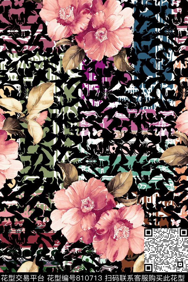 动物剪影手绘花欧式数码印花华亿平台下载（图片编号: 810713） - 瓦栏（Walan）