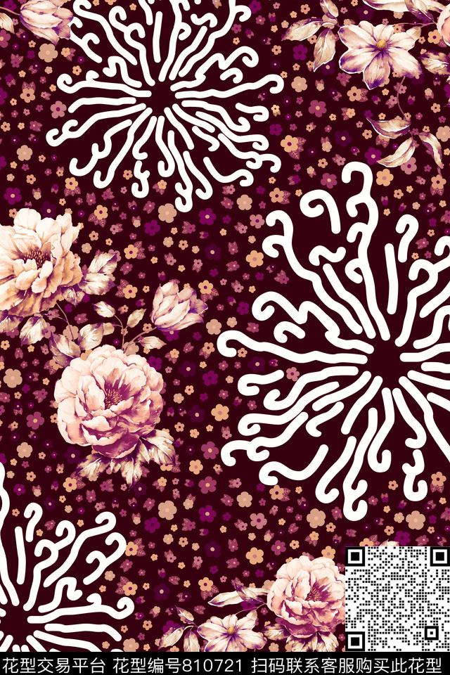 小碎花手绘花线条数码印花华亿平台下载（图片编号: 810721） - 瓦栏（Walan）