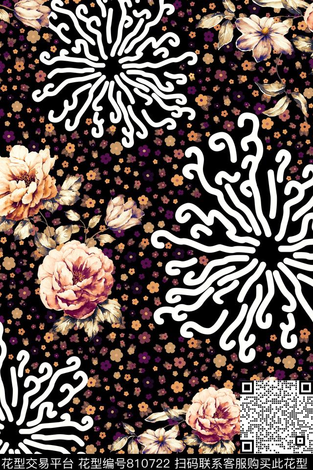 小碎花手绘花线条数码印花华亿平台下载（图片编号: 810722） - 瓦栏（Walan）