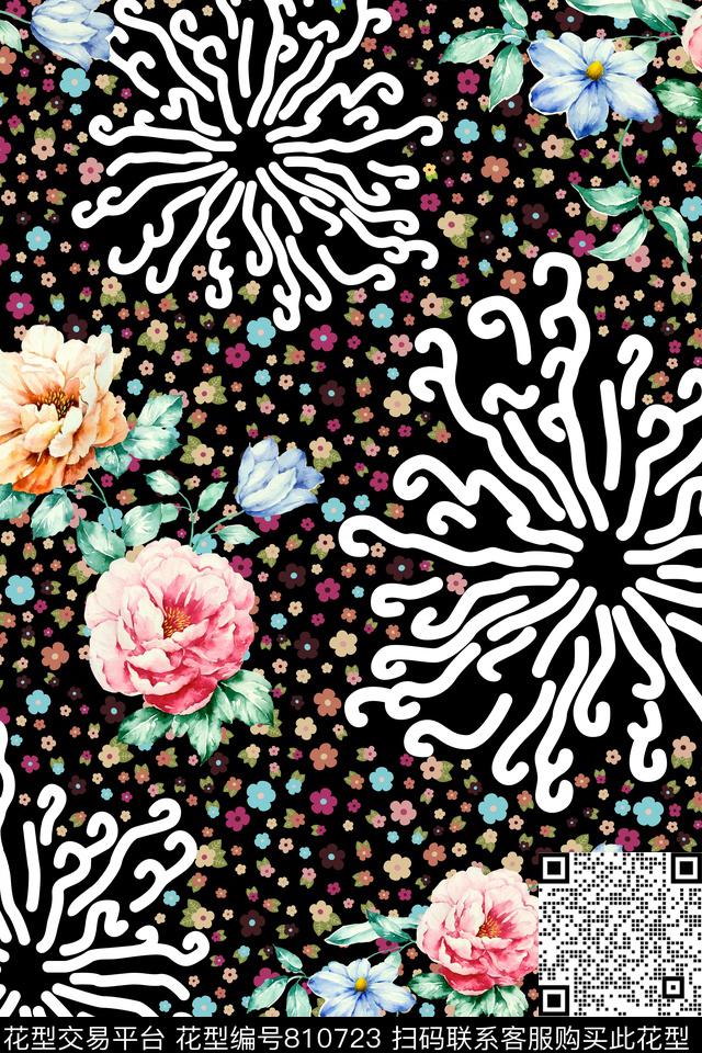 小碎花手绘花线条数码印花华亿平台下载（图片编号: 810723） - 瓦栏（Walan）