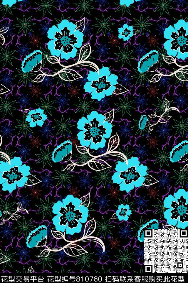 欧式黑底乱花数码印花华亿平台下载（图片编号: 810760） - 瓦栏（Walan）