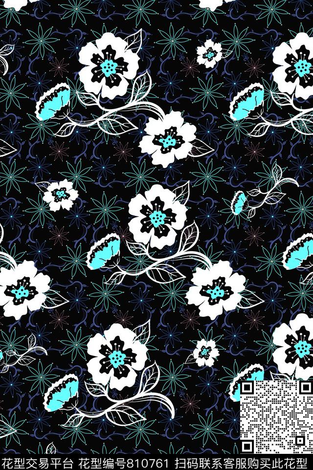 欧式黑底乱花数码印花华亿平台下载（图片编号: 810761） - 瓦栏（Walan）
