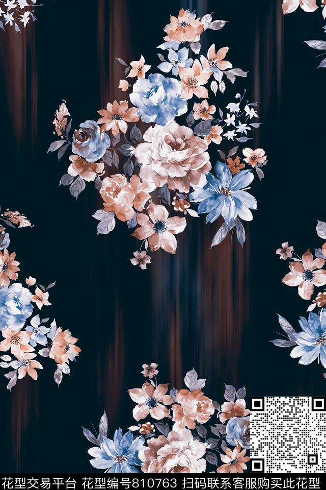 欧式手绘复古花黑底数码印花华亿平台下载（图片编号: 810763） - 瓦栏（Walan）