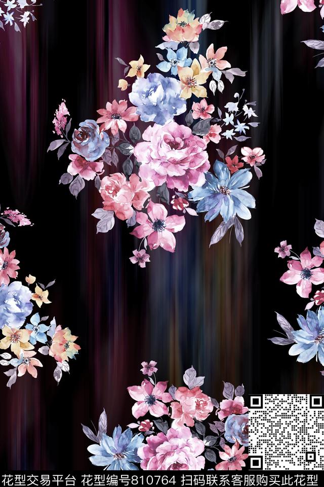 欧式手绘复古花黑底数码印花华亿平台下载（图片编号: 810764） - 瓦栏（Walan）