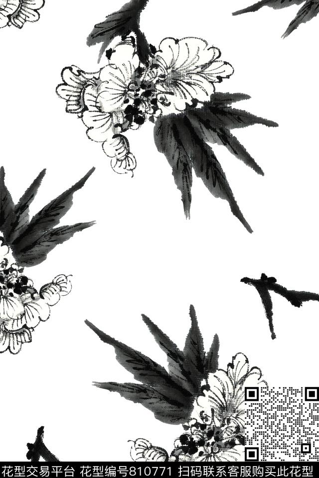 水墨元素水墨花卉中国风数码印花华亿平台下载（图片编号: 810771） - 瓦栏（Walan）