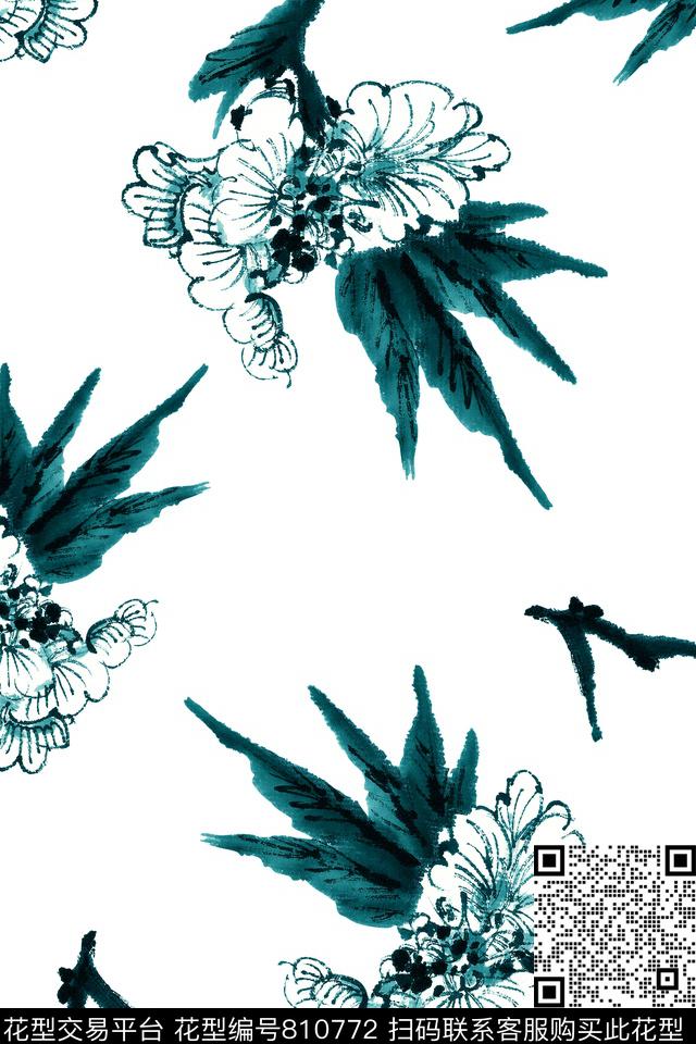 水墨元素水墨花卉中国风数码印花华亿平台下载（图片编号: 810772） - 瓦栏（Walan）