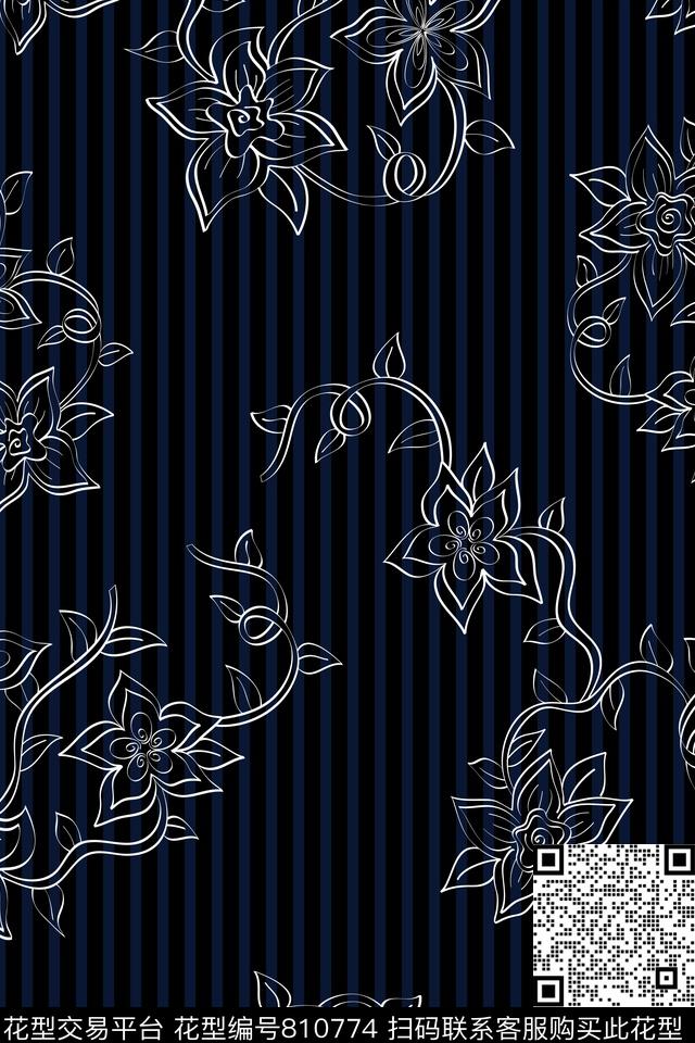 细条纹线条花复古风数码印花华亿平台下载（图片编号: 810774） - 瓦栏（Walan）