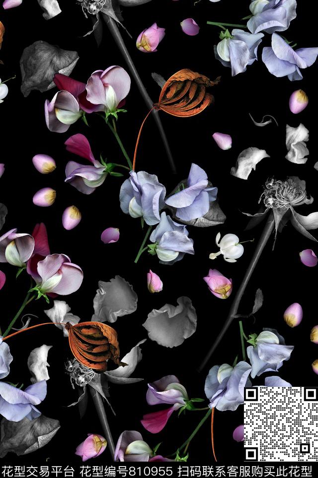 暗黑花卉花瓣数码印花华亿平台下载（图片编号: 810955） - 瓦栏（Walan）