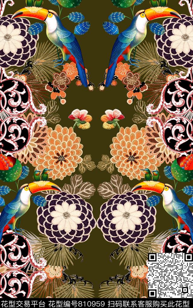 民族风花卉鹦鹉数码印花华亿平台下载（图片编号: 810959） - 瓦栏（Walan）