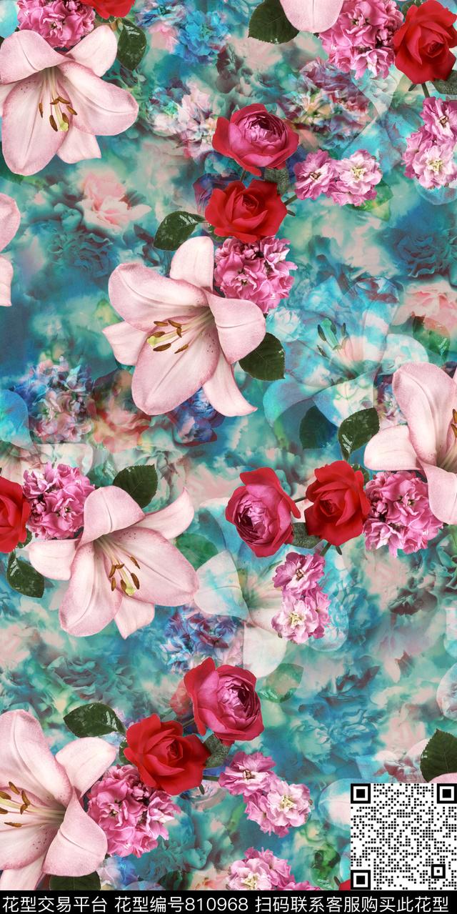 玫瑰玫瑰花小雏菊数码印花华亿平台下载（图片编号: 810968） - 瓦栏（Walan）
