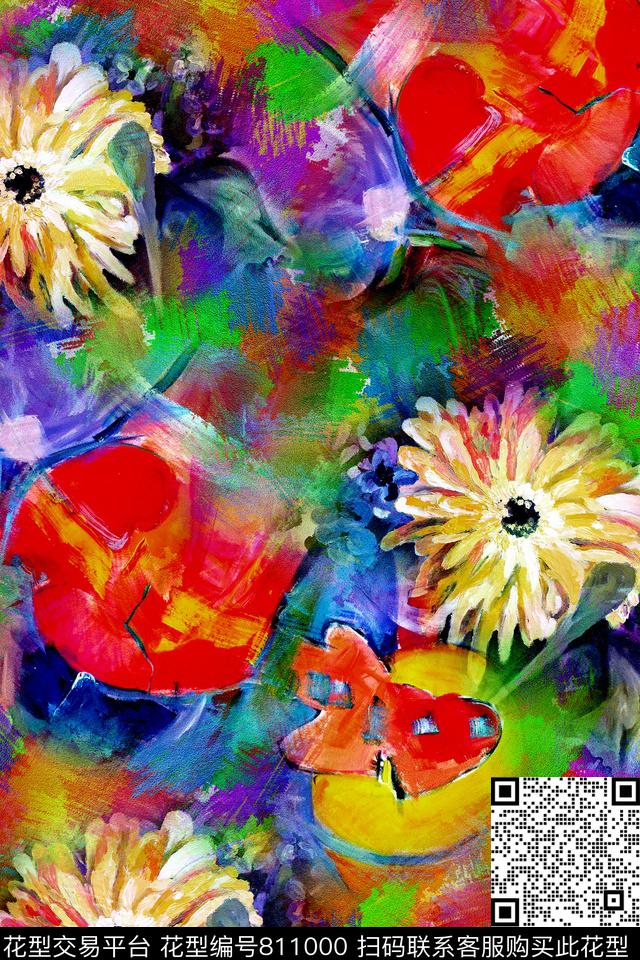 抽象几何油画数码印花华亿平台下载（图片编号: 811000） - 瓦栏（Walan）