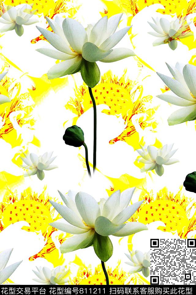 重复花卉莲花荷花数码印花华亿平台下载（图片编号: 811211） - 瓦栏（Walan）