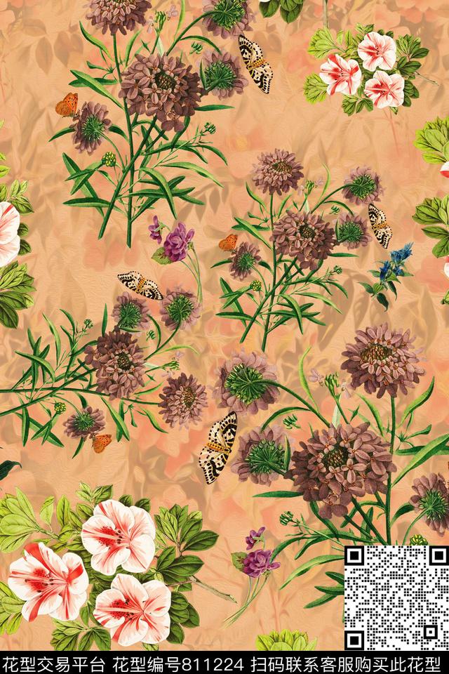 百合花朵雏菊数码印花华亿平台下载（图片编号: 811224） - 瓦栏（Walan）