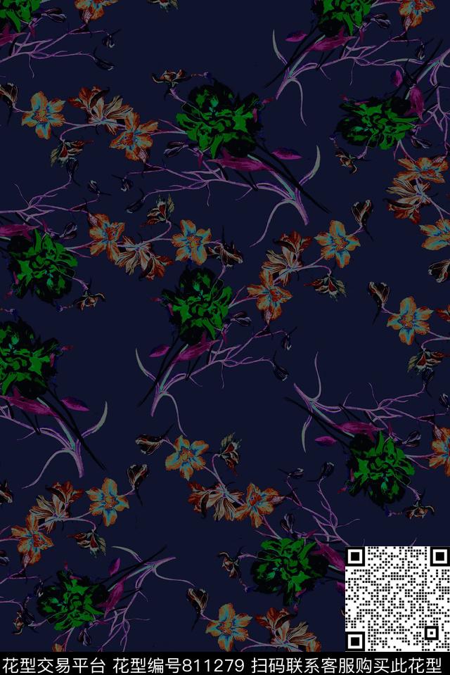 摇曳花卉花朵数码印花华亿平台下载（图片编号: 811279） - 瓦栏（Walan）