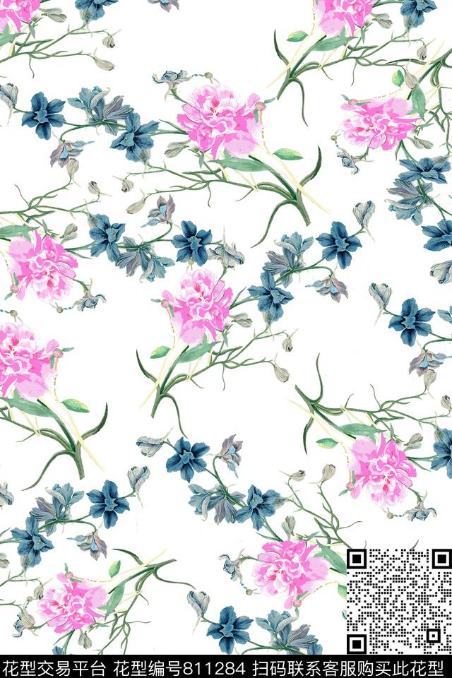 摇曳花卉花朵数码印花华亿平台下载（图片编号: 811284） - 瓦栏（Walan）