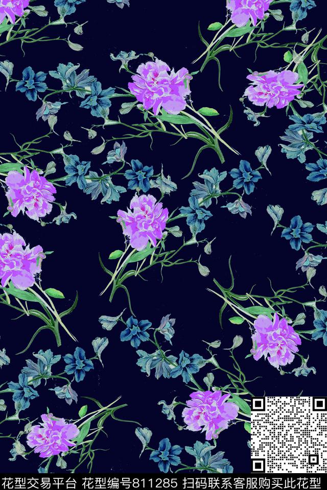 摇曳花卉花朵数码印花华亿平台下载（图片编号: 811285） - 瓦栏（Walan）