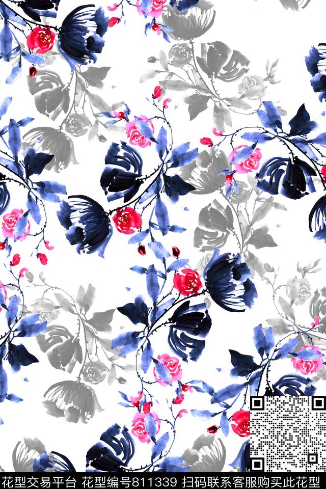 水彩花卉手绘数码印花华亿平台下载（图片编号: 811339） - 瓦栏（Walan）