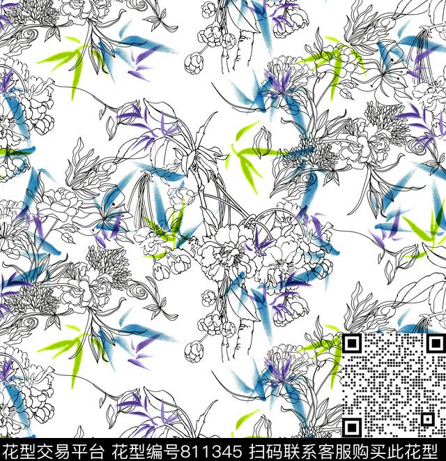花卉手绘水墨竹叶传统印花华亿平台下载（图片编号: 811345） - 瓦栏（Walan）
