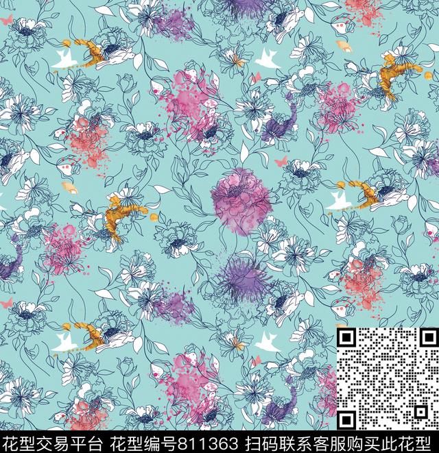 手绘花卉线稿传统印花华亿平台下载（图片编号: 811363） - 瓦栏（Walan）