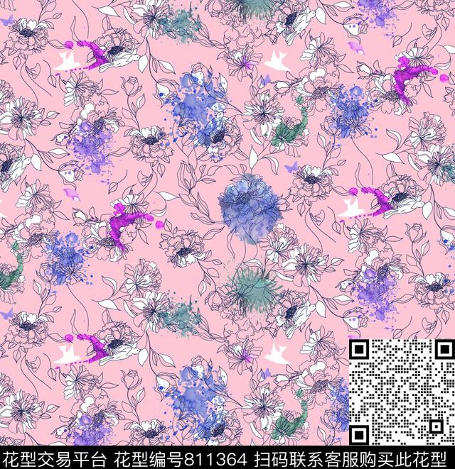 手绘花卉线稿传统印花华亿平台下载（图片编号: 811364） - 瓦栏（Walan）