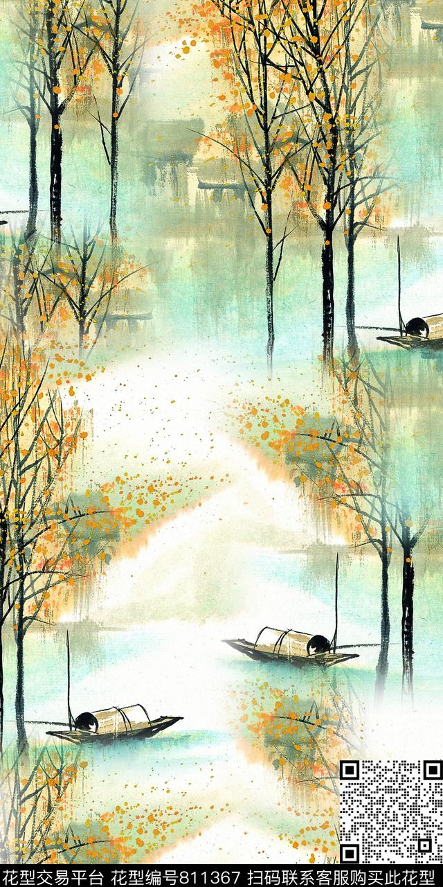 风景满版花手绘数码印花华亿平台下载（图片编号: 811367） - 瓦栏（Walan）