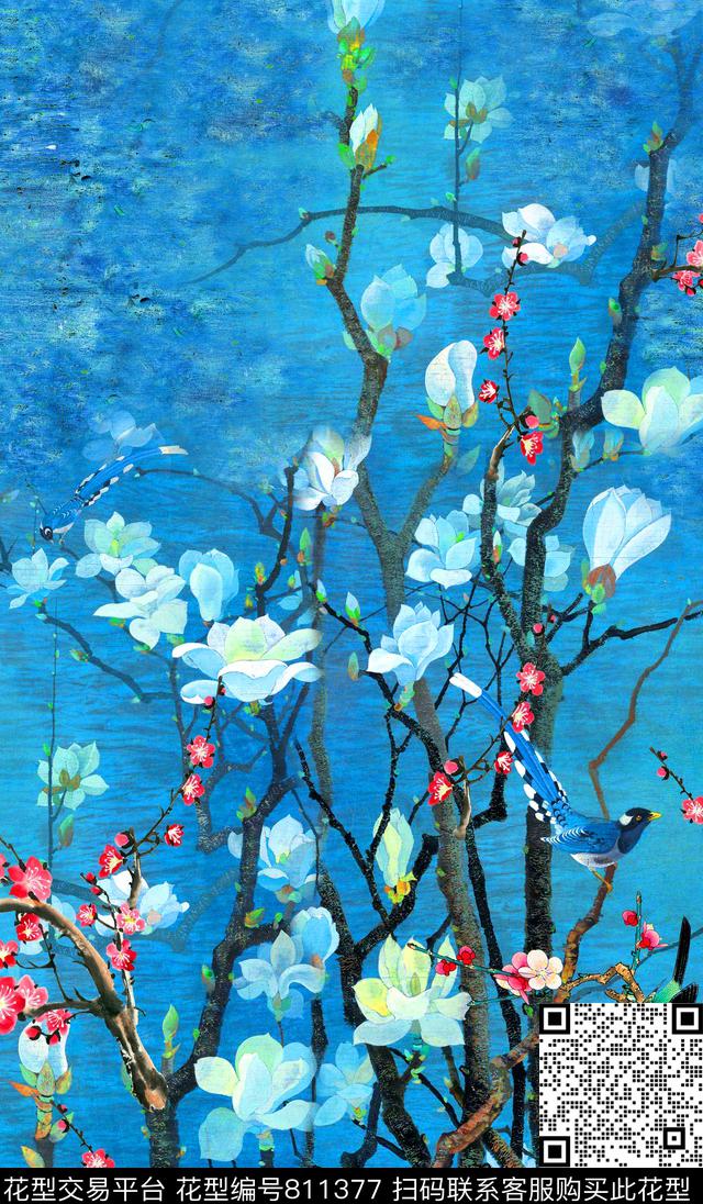 中国风玉兰花卉数码印花华亿平台下载（图片编号: 811377） - 瓦栏（Walan）