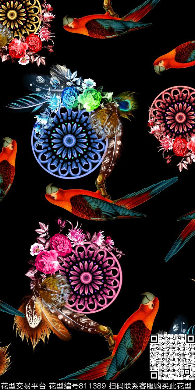 鸟几何羽毛数码印花华亿平台下载（图片编号: 811389） - 瓦栏（Walan）