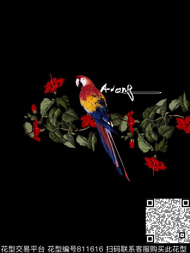 树叶花卉鹰鹉鸟男装T恤华亿平台数码印花华亿平台下载（图片编号: 811616） - 瓦栏（Walan）