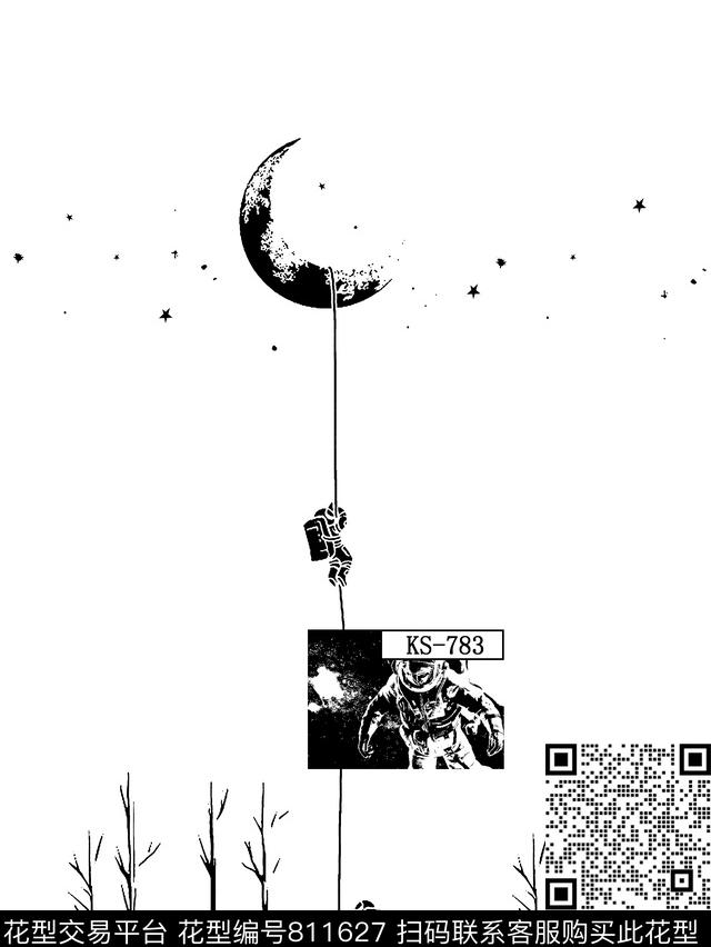 宇航员月亮男装T恤华亿平台传统印花华亿平台下载（图片编号: 811627） - 瓦栏（Walan）