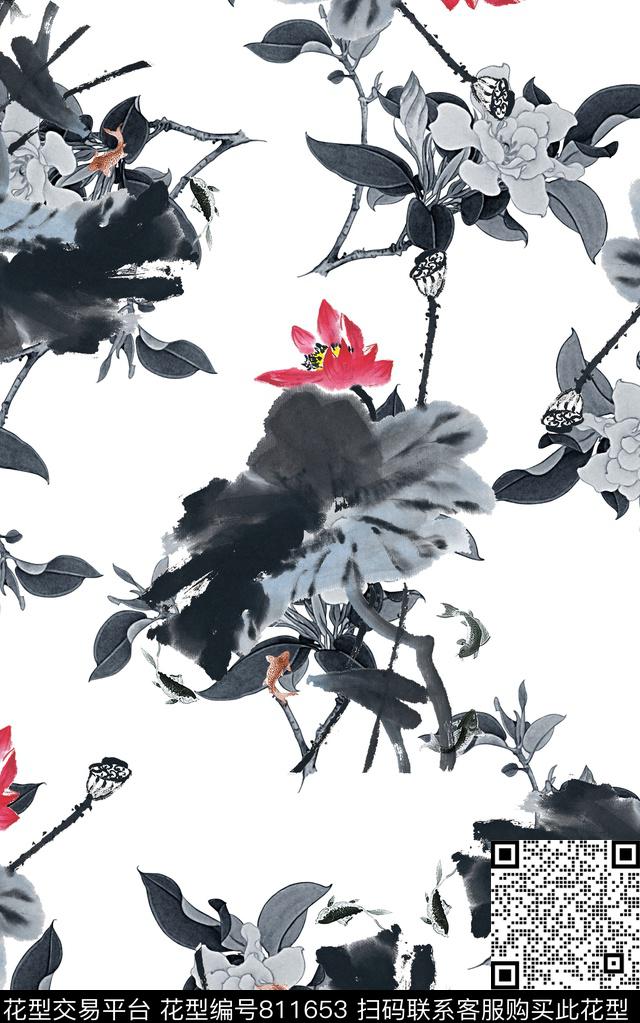 抽象手绘水墨画植物纹理花卉数码印花时尚潮流女装裙子旗袍荷花印花春夏清爽雪纺真丝棉丝巾布料复古印花数码印花华亿平台下载（图片编号: 811653） - 瓦栏（Walan）