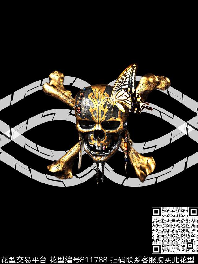趣味骷颅头蝴蝶传统印花华亿平台下载（图片编号: 811788） - 瓦栏（Walan）