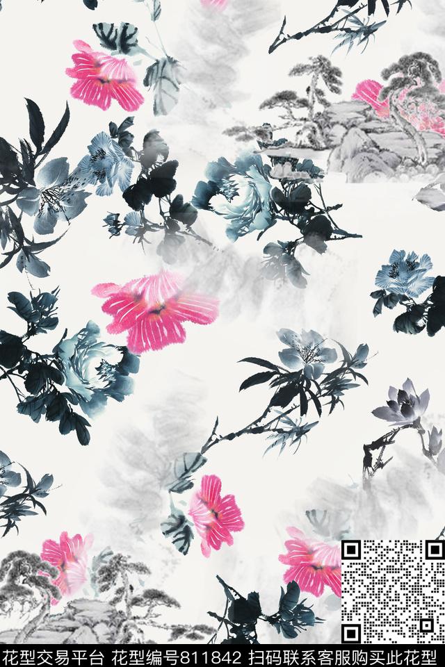 花卉水墨花朵数码印花华亿平台下载（图片编号: 811842） - 瓦栏（Walan）