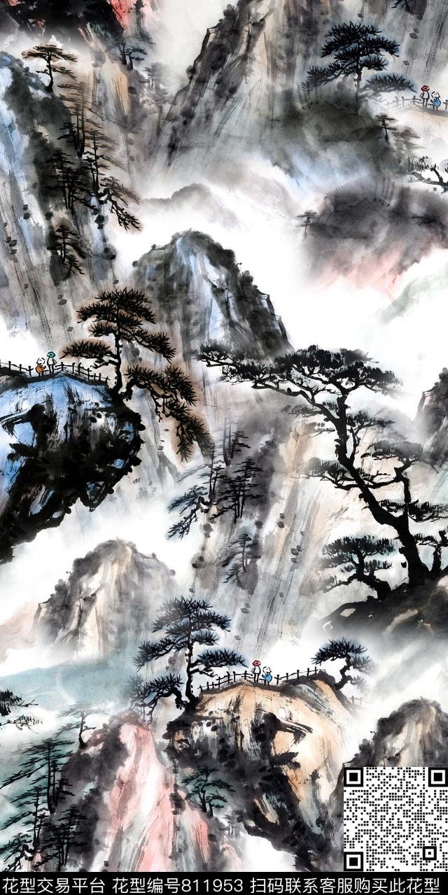 山脉风景水墨数码印花华亿平台下载（图片编号: 811953） - 瓦栏（Walan）