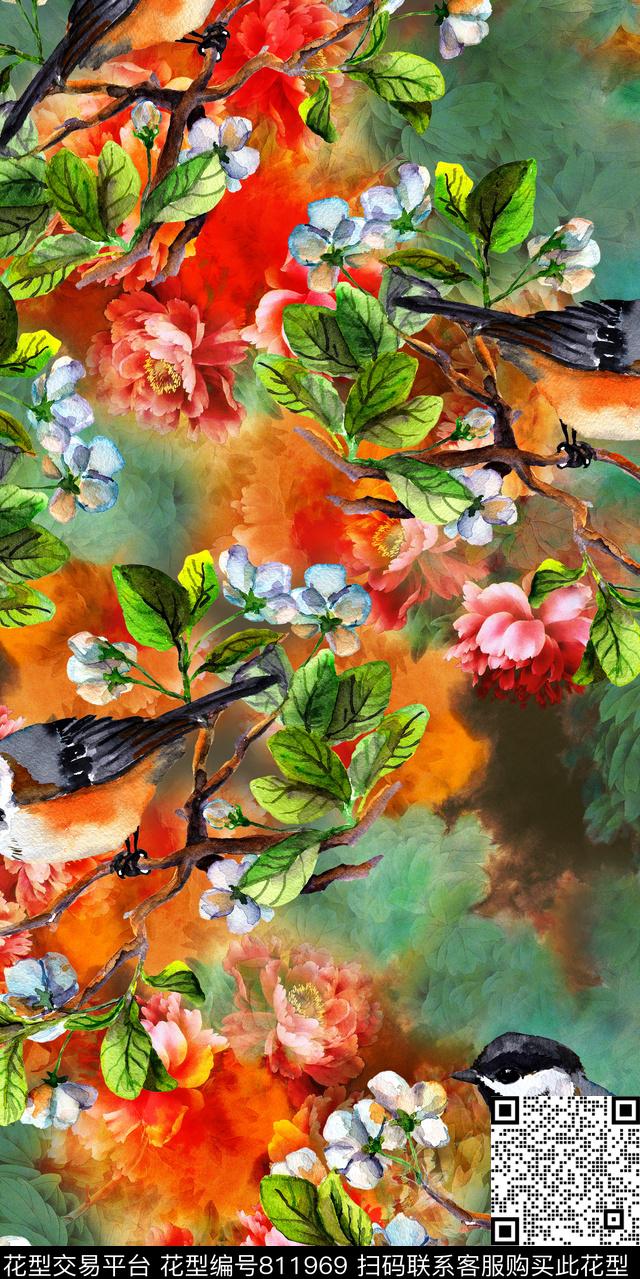鸟乱花花卉数码印花华亿平台下载（图片编号: 811969） - 瓦栏（Walan）
