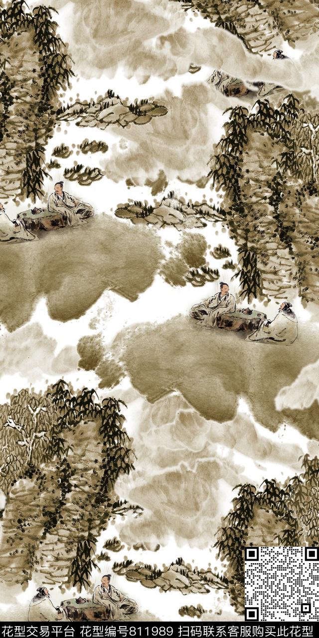 水墨山水风景数码印花华亿平台下载（图片编号: 811989） - 瓦栏（Walan）
