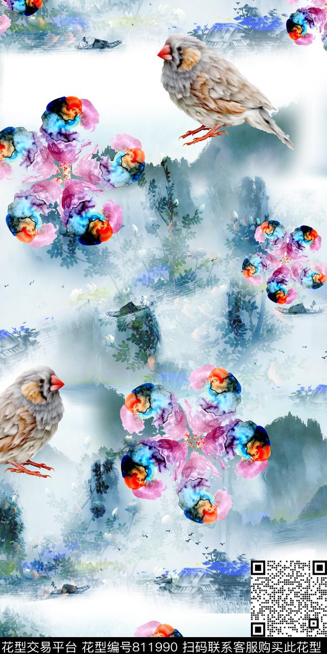 山水鸟水墨数码印花华亿平台下载（图片编号: 811990） - 瓦栏（Walan）