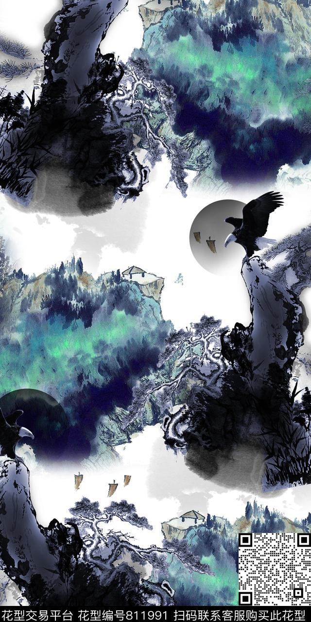 水墨山水风景数码印花华亿平台下载（图片编号: 811991） - 瓦栏（Walan）