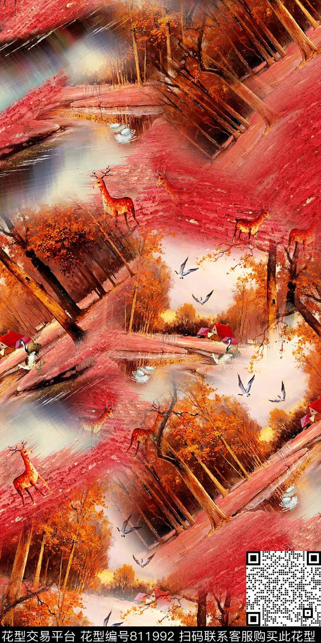 树木树枝油画数码印花华亿平台下载（图片编号: 811992） - 瓦栏（Walan）