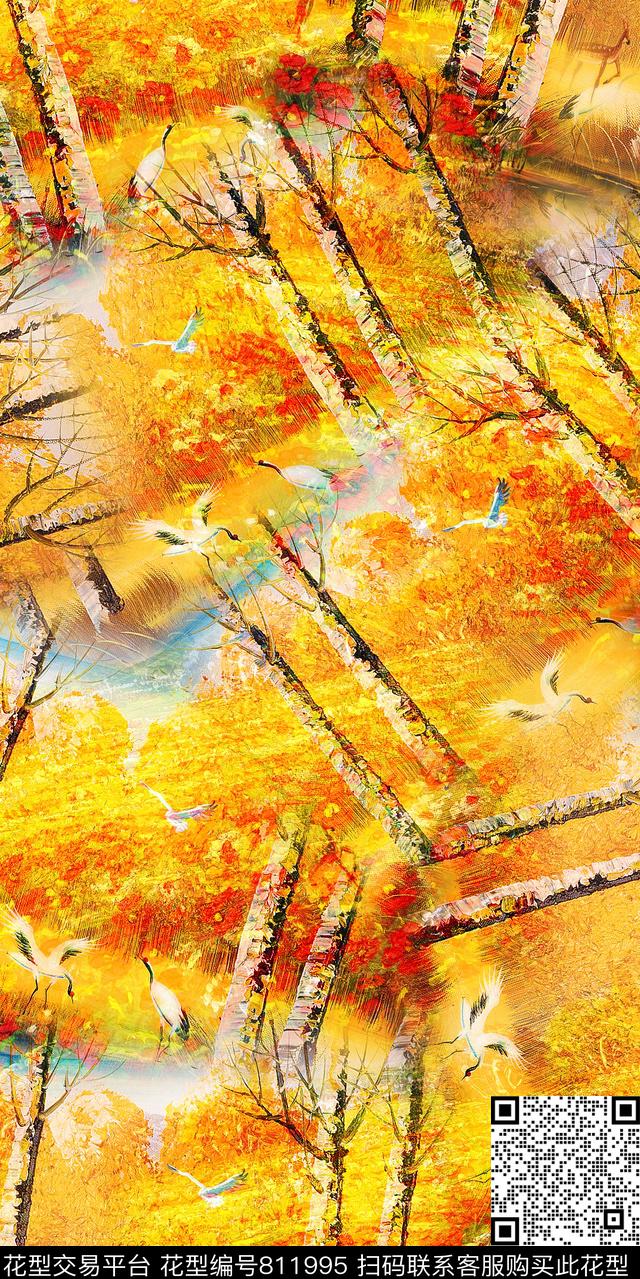 树木树枝油画数码印花华亿平台下载（图片编号: 811995） - 瓦栏（Walan）