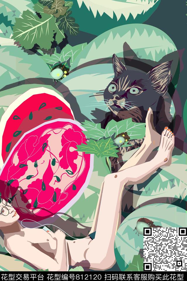 小清新西瓜夏天传统印花华亿平台下载（图片编号: 812120） - 瓦栏（Walan）