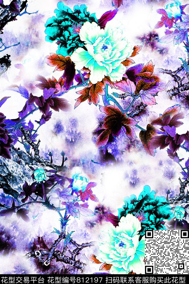 中国风花卉水彩数码印花华亿平台下载（图片编号: 812197） - 瓦栏（Walan）