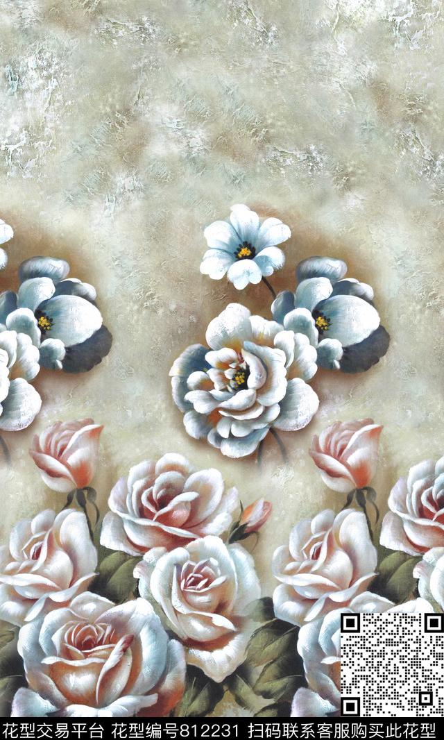 花卉油画肌理数码印花华亿平台下载（图片编号: 812231） - 瓦栏（Walan）