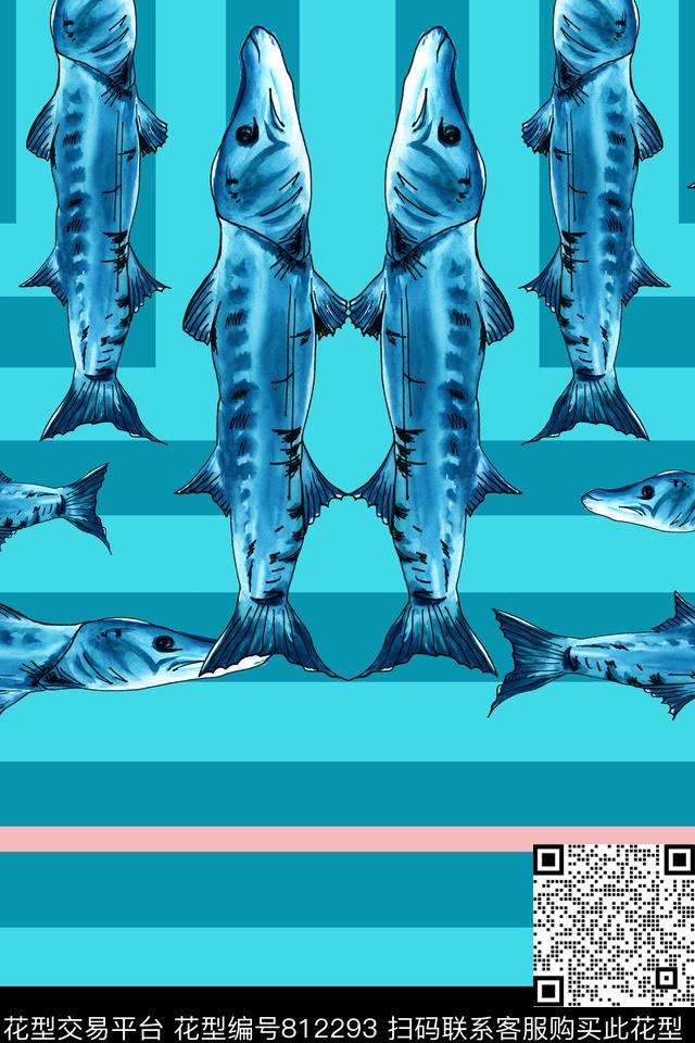 深海鱼条纹手绘数码印花华亿平台下载（图片编号: 812293） - 瓦栏（Walan）