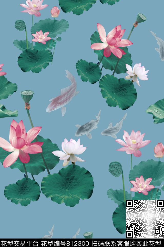 荷花莲花鱼数码印花华亿平台下载（图片编号: 812300） - 瓦栏（Walan）