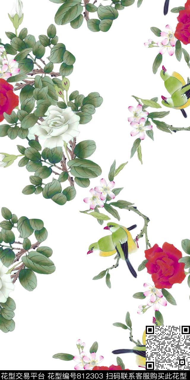 牡丹花鸟工笔画数码印花华亿平台下载（图片编号: 812303） - 瓦栏（Walan）