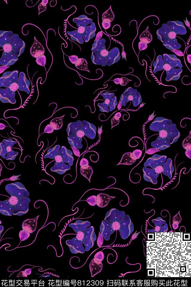 乱花大花花卉数码印花华亿平台下载（图片编号: 812309） - 瓦栏（Walan）